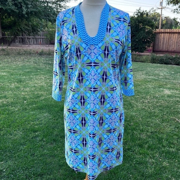 J. McLaughlin Catalina Cloth Blue Green Dice Geometric Shift Dress | Size Large - Picture 1 of 6